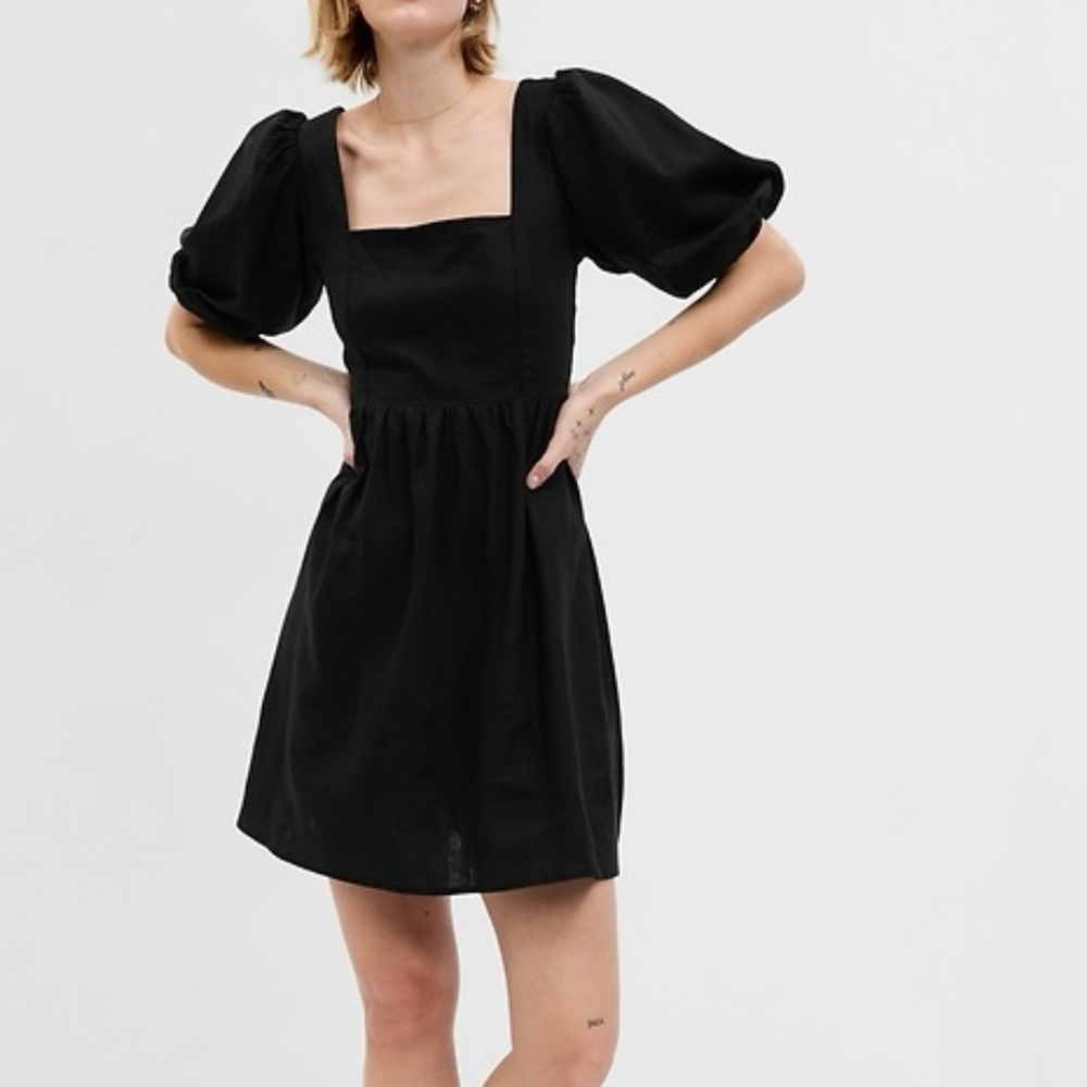 Gap Black Linen-Blend Short Sleeve Puff Sleeve Mini Dress